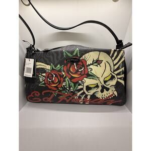 Ed Hardy Black Logo Tattoo Print Skull Hearts Roses Handbag Tote Hard To Find